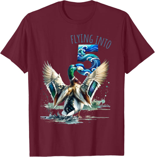 Flying into 5 Duck Hunting 5th Birthday Party 5 Year Old T-Shirt - T-Shirt | Maroon