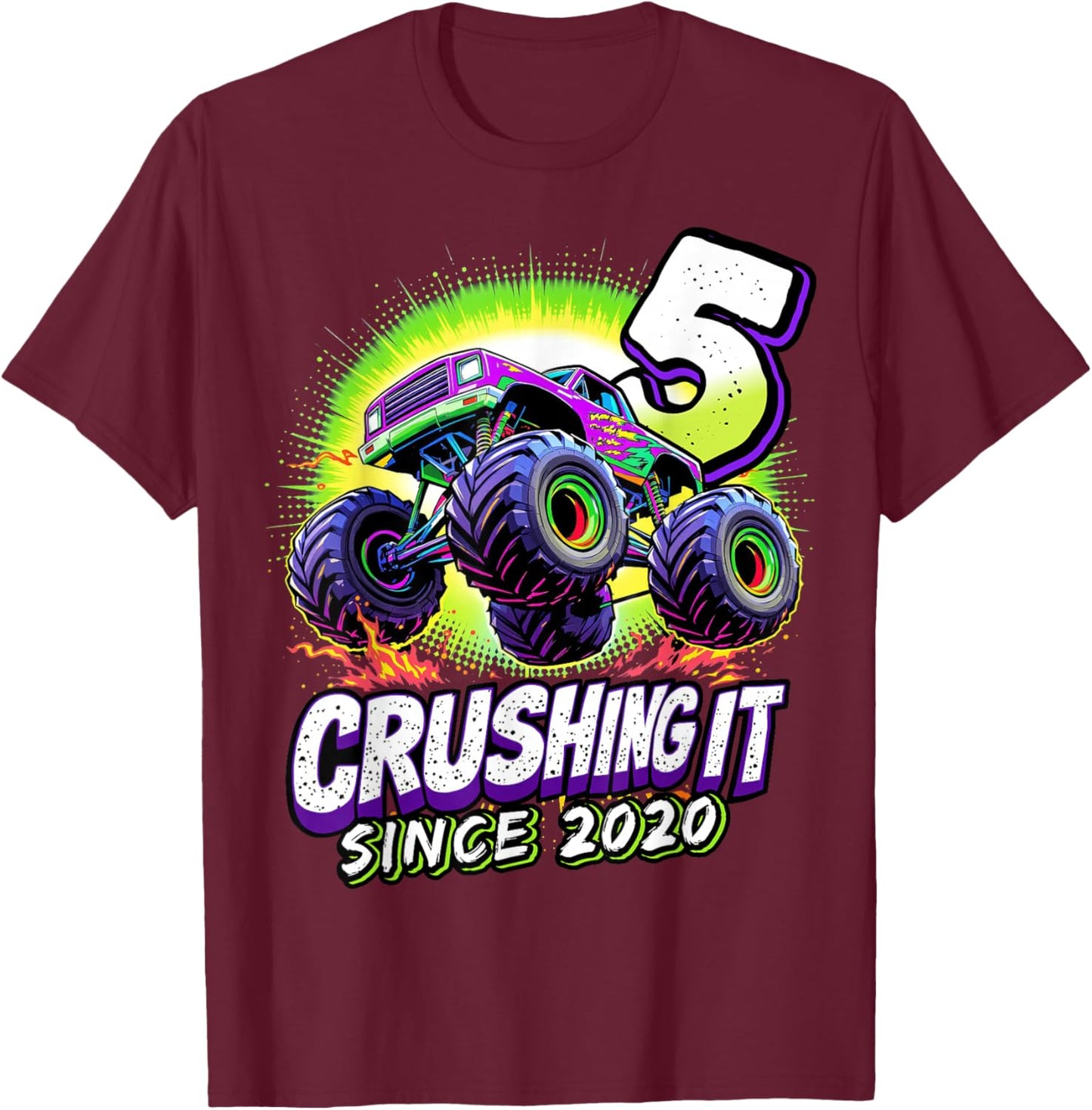 Birthday Monster Truck 5 year Old Boys 5th Party Born 2020 T-Shirt - T-Shirt | Maroon