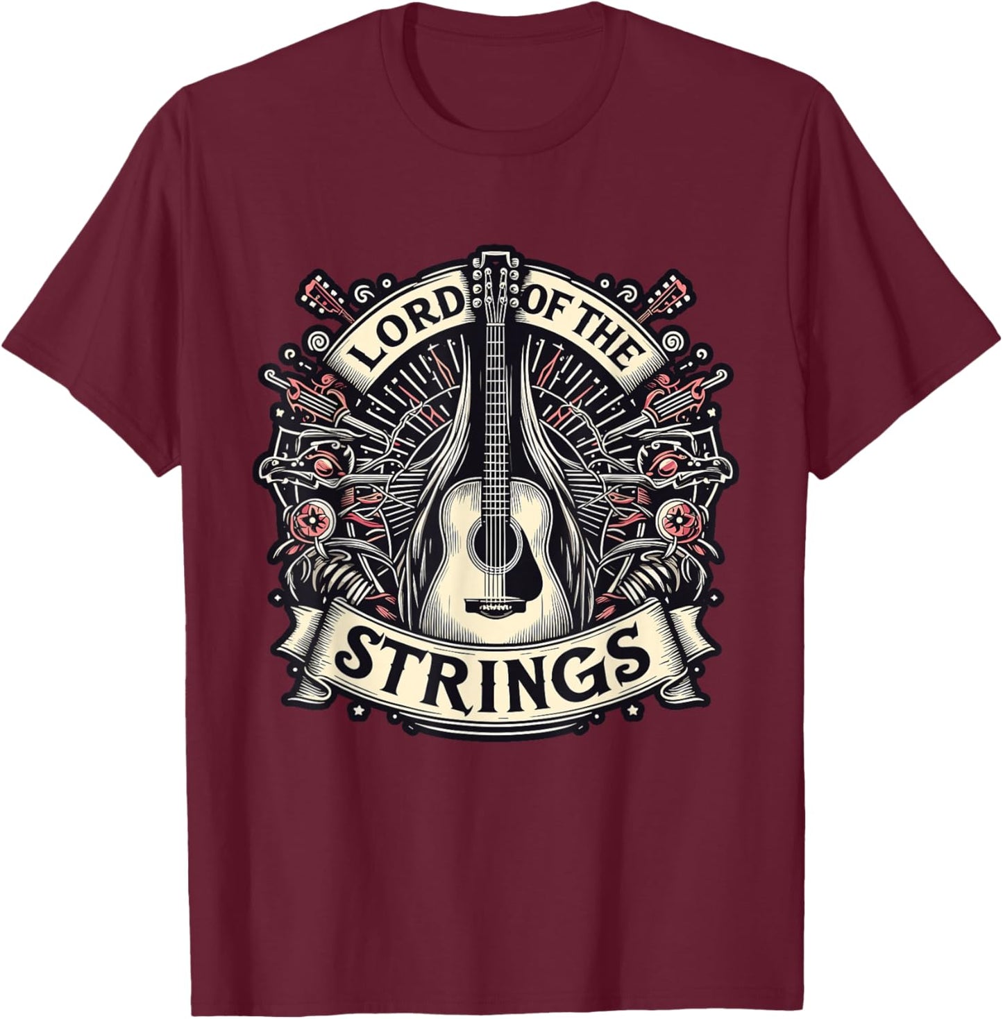 Lord of the Strings Guitar Musician Fantasy T-Shirt - T-Shirt | Maroon
