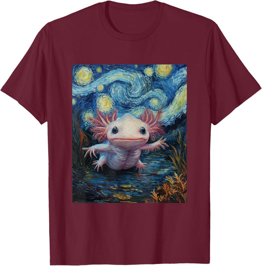 Axolotl Kawaii - Van Gogh Style - Starry Night Graphic T-Shirt - T-Shirt | Maroon