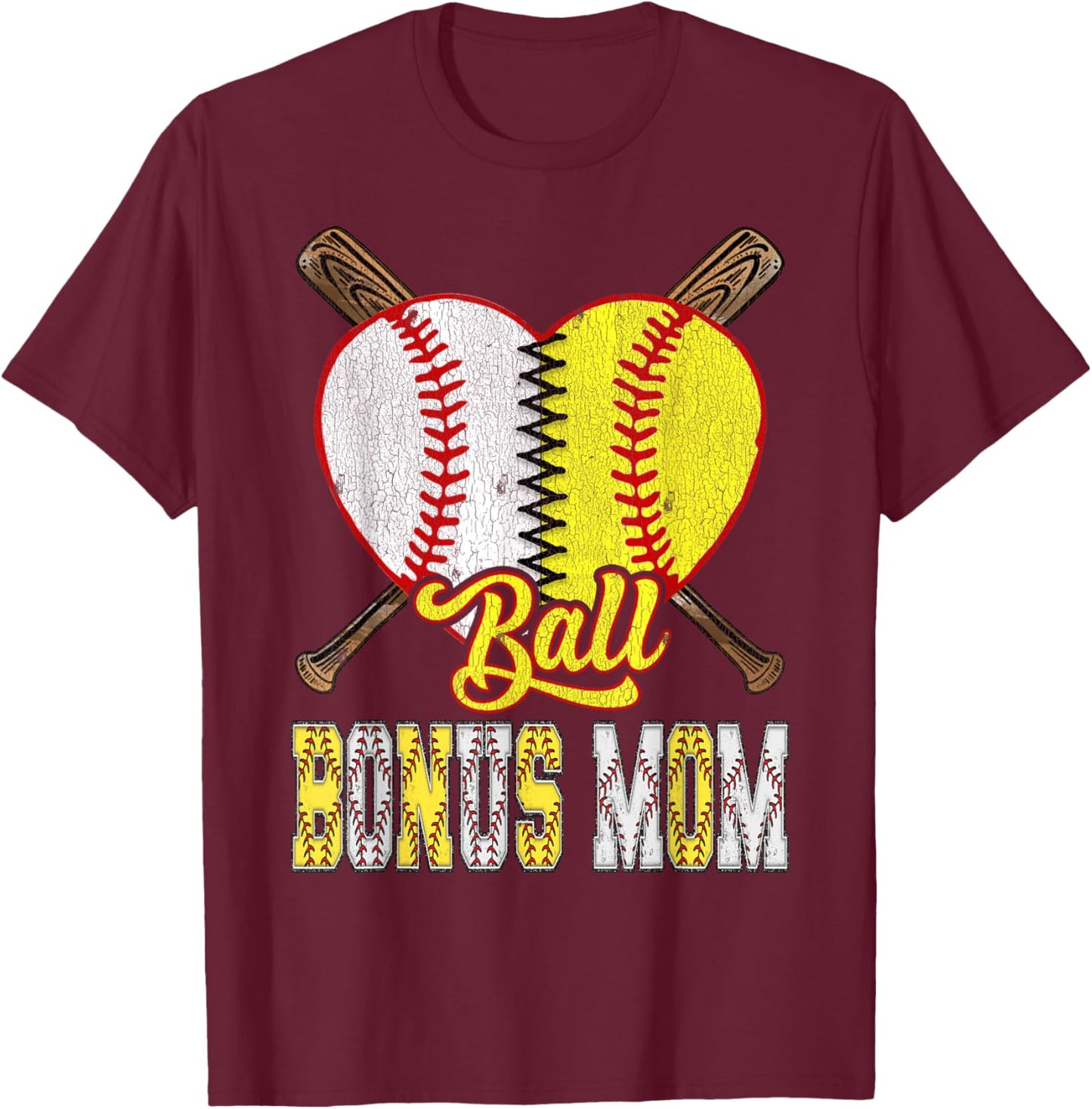 Bonus Mom Of Both Ball Bonus Mom Half Baseball Softball T-Shirt - T-Shirt | Maroon