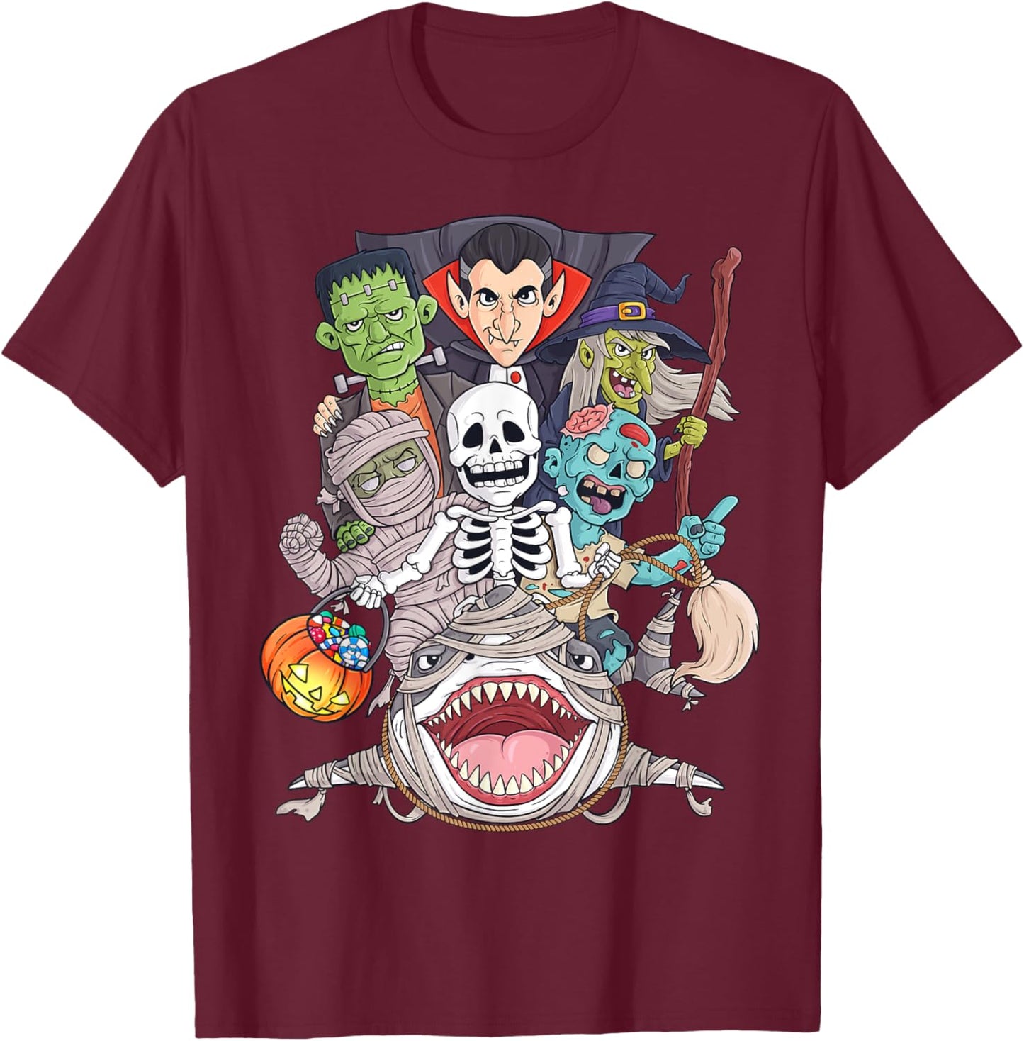 Skeleton Zombie Riding Mummy Shark Funny Halloween Pumpkin T-Shirt - T-Shirt | Maroon