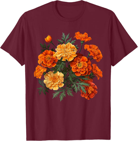 Birth Month Marigold Flower Floral Bouquet Flowers Lovers T-Shirt - T-Shirt | Maroon