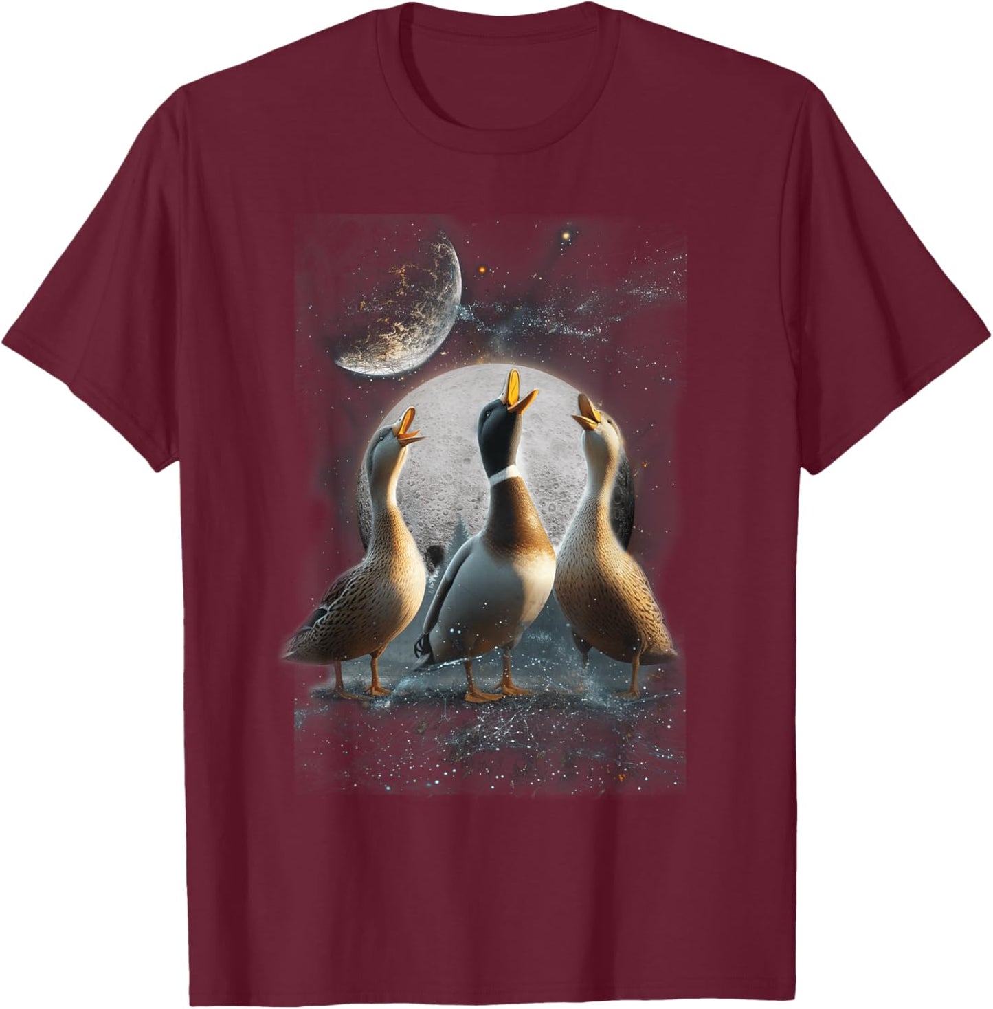 Three Ducks Howling At The Moon Funny Pet Parody Duck T-Shirt - T-Shirt | Maroon