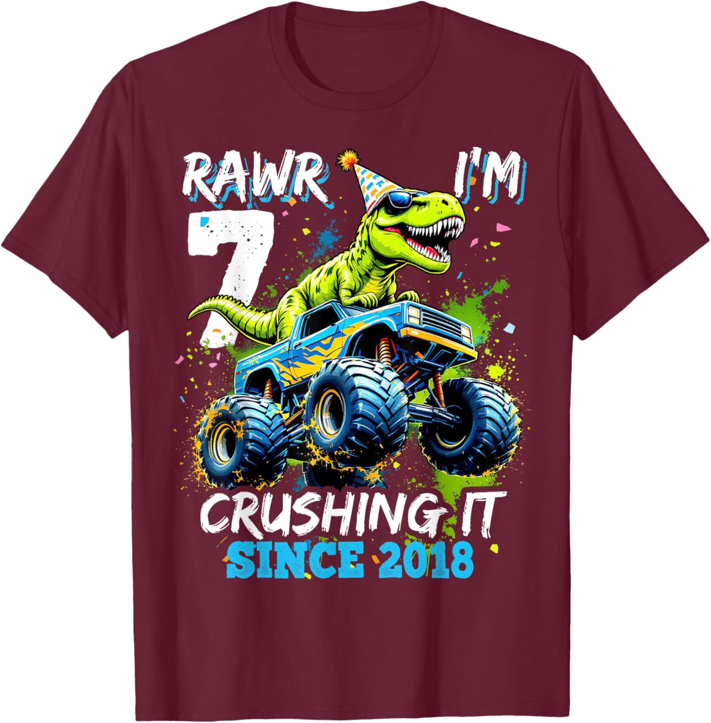 7th Birthday Monster Truck Dinosaur Party Boys Rawr I'm 7 T-Shirt - T-Shirt | Maroon