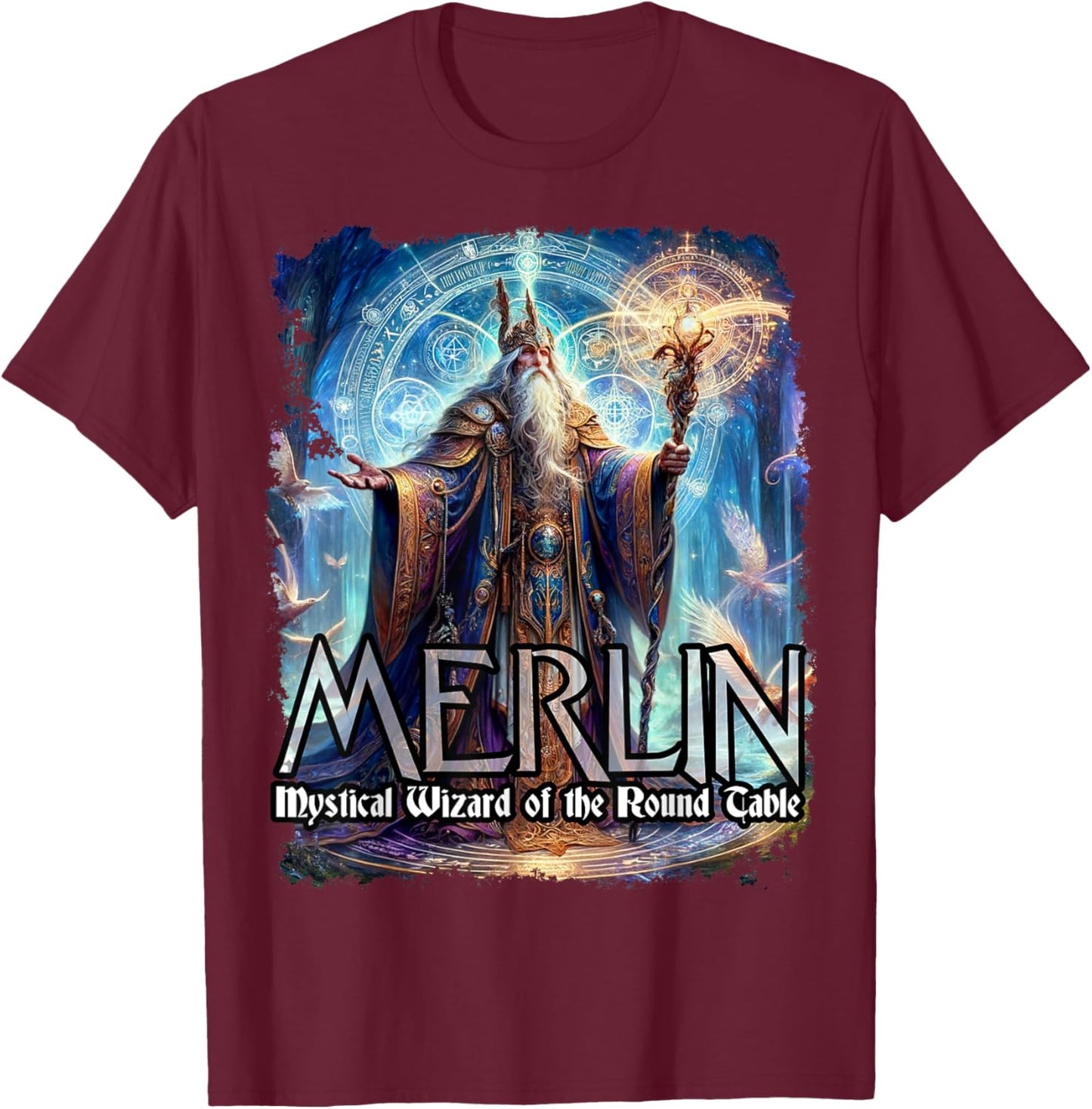 Mythothreads Arthurian Mythology Merlin Mystical Wizard of the Round Table Magical Sorcerer , Small, Black T-Shirt - T-Shirt | Maroon