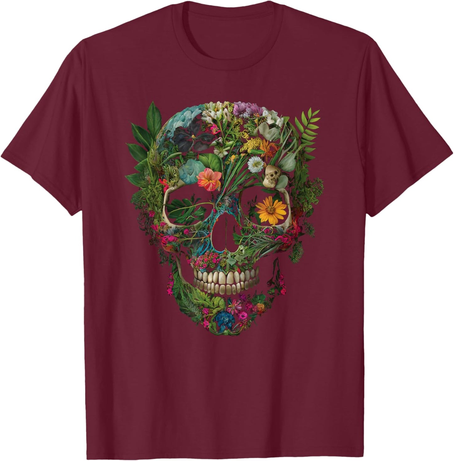 Haunted Botanical Garden Human Skull With Flowers And Plants T-Shirt - T-Shirt | Maroon