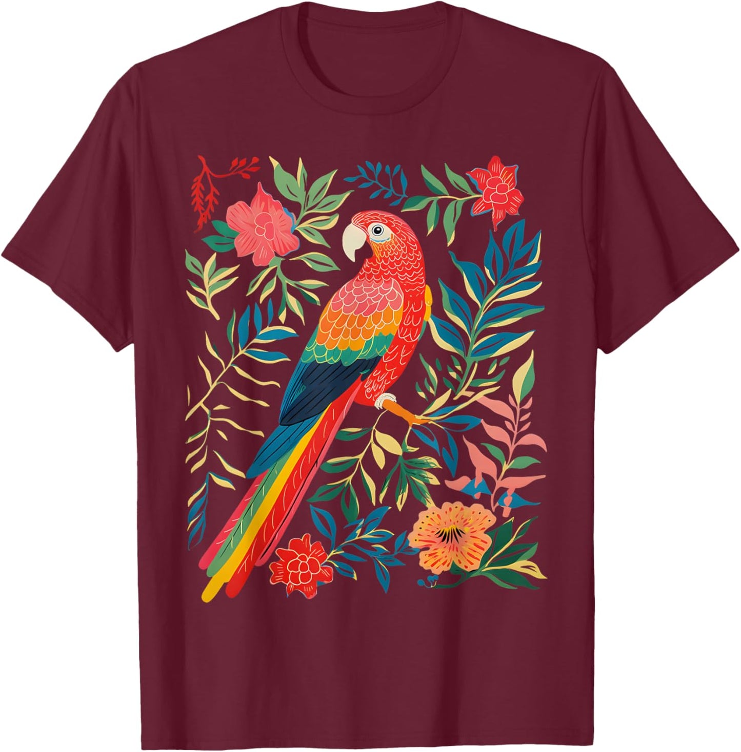 Boho Floral Parrot Scarlet Macaw Birdwatching Bird Lover T-Shirt - T-Shirt | Maroon