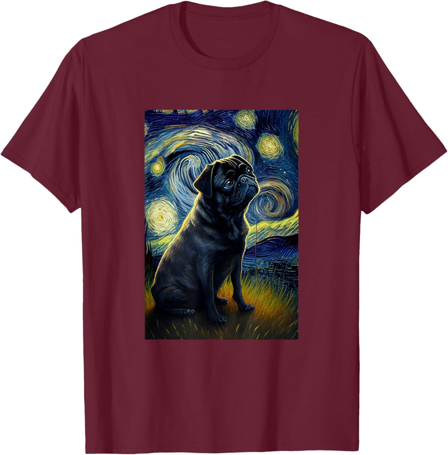 black Pug in Starry Night Painting Dog Mom Dad T-Shirt - T-Shirt | Maroon
