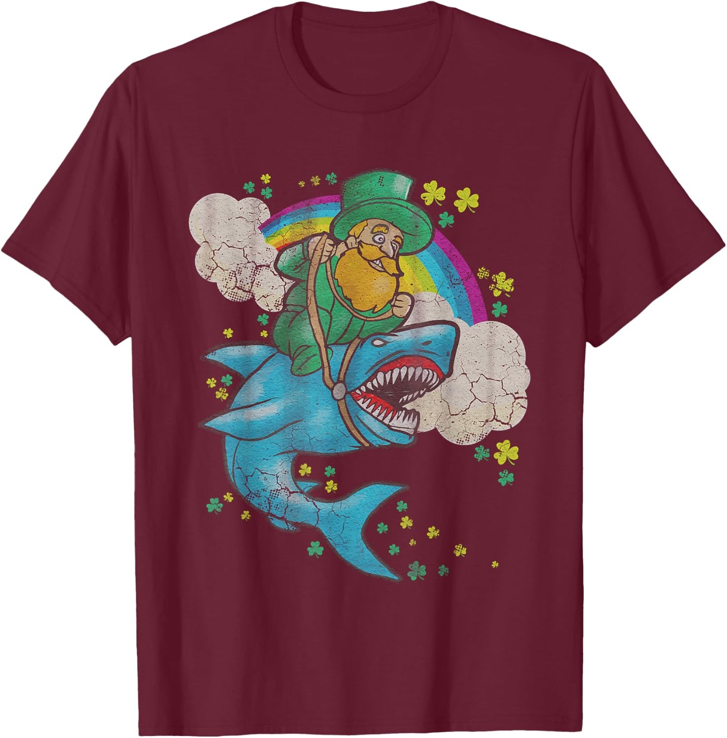St Patricks Day Irish Leprechaun Riding Shark Kids Boys Girl T-Shirt - T-Shirt | Maroon