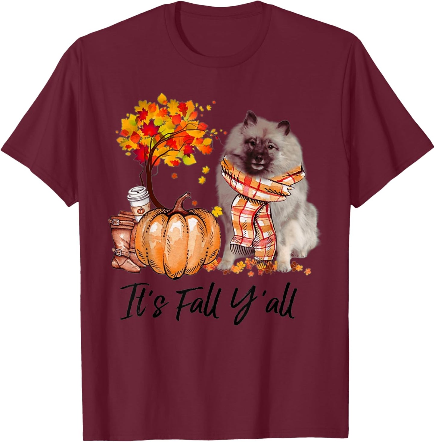 Keeshond It's Fall Y'all Pumpkin Tree Coffee Chocolate T-Shirt - T-Shirt | Maroon