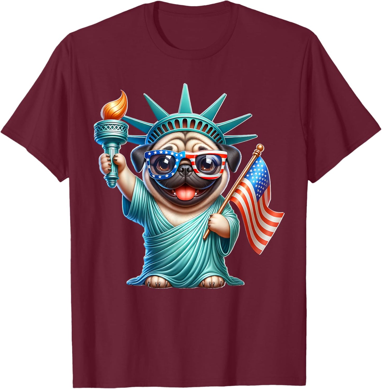 Pug July 4th Liberty Fourth of July Pug T-Shirt - T-Shirt | Maroon