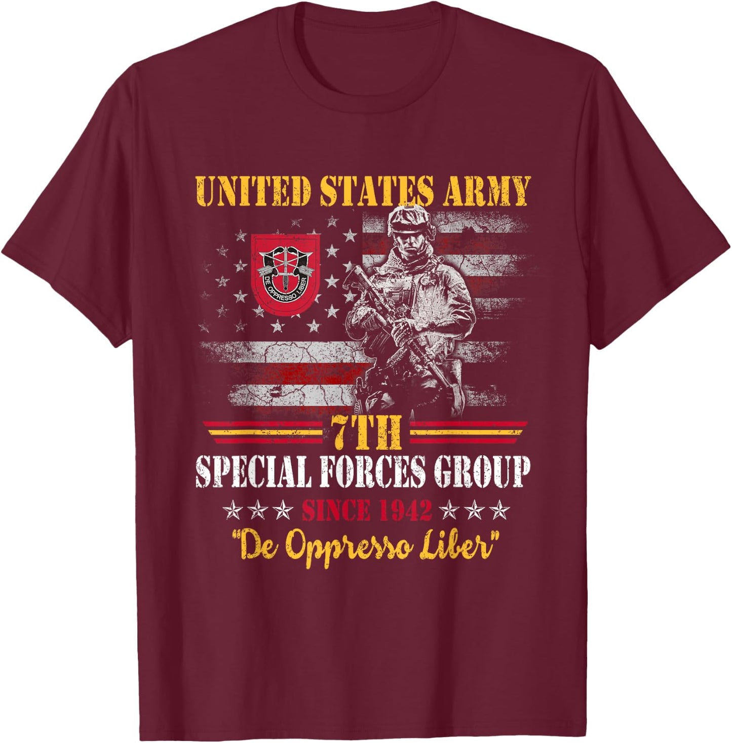 7th Special Forces Group US Flag Veteran 7th SFG Patriotic T-Shirt - T-Shirt | Maroon