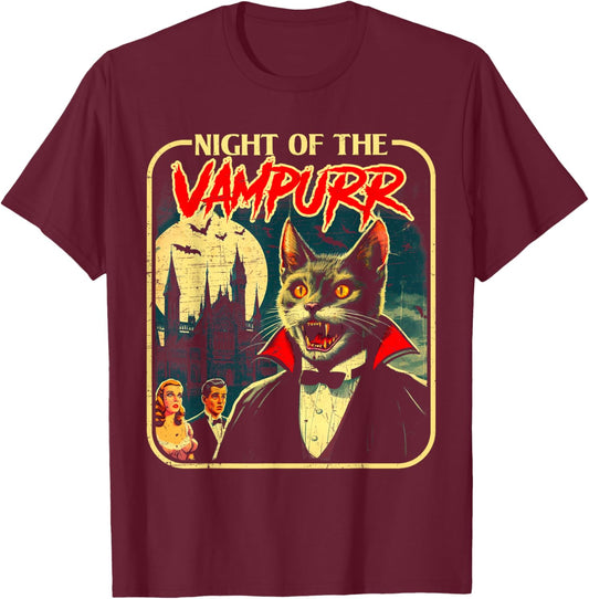 Night of The Vampurr Funny Cat Halloween T-Shirt - T-Shirt | Maroon