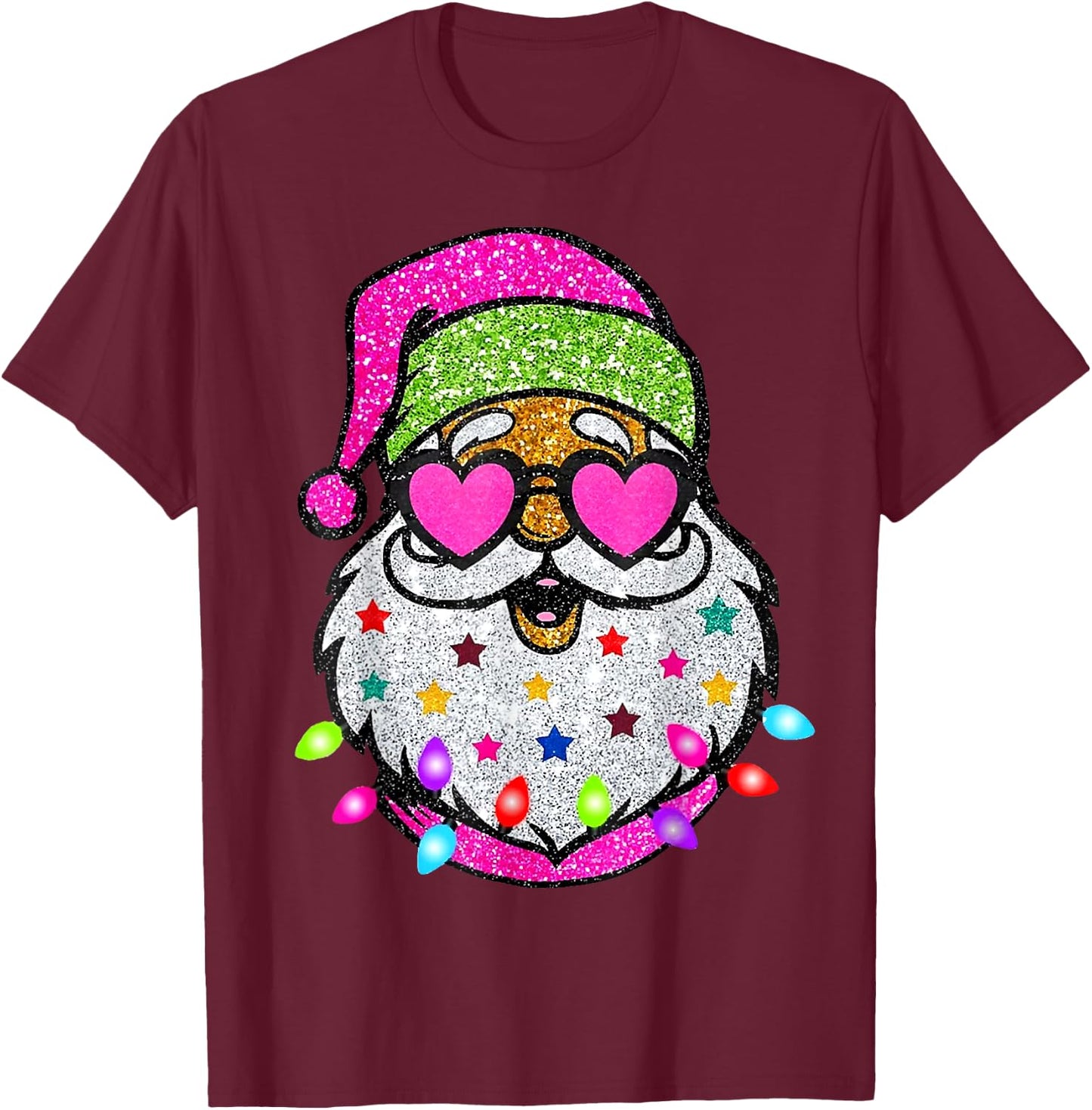 Cute Santa With Sunglasses Christmas Lights Pink Santa T-Shirt - T-Shirt | Maroon
