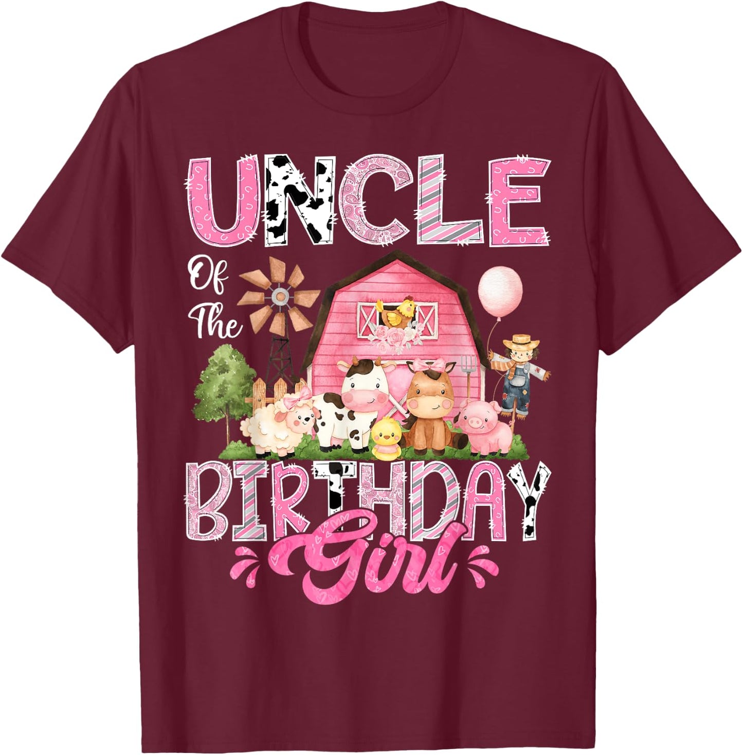 Uncle Of The Birthday Girl Pink Farm Cow First Birthday T-Shirt - T-Shirt | Maroon