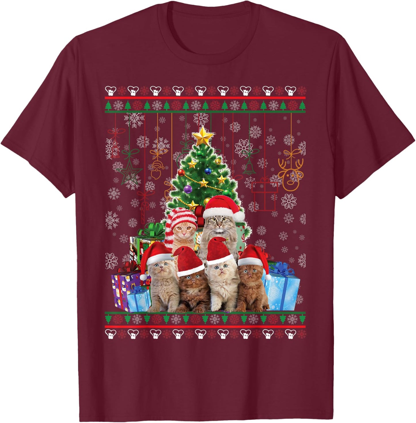 Cat Christmas Funny Ugly Women Men Merry Gift Small T-Shirt - T-Shirt | Maroon