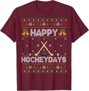 Ugly Xmas Sweater Happy Hockeydays Ice Hockey Christmas T-Shirt - T-Shirt | Maroon