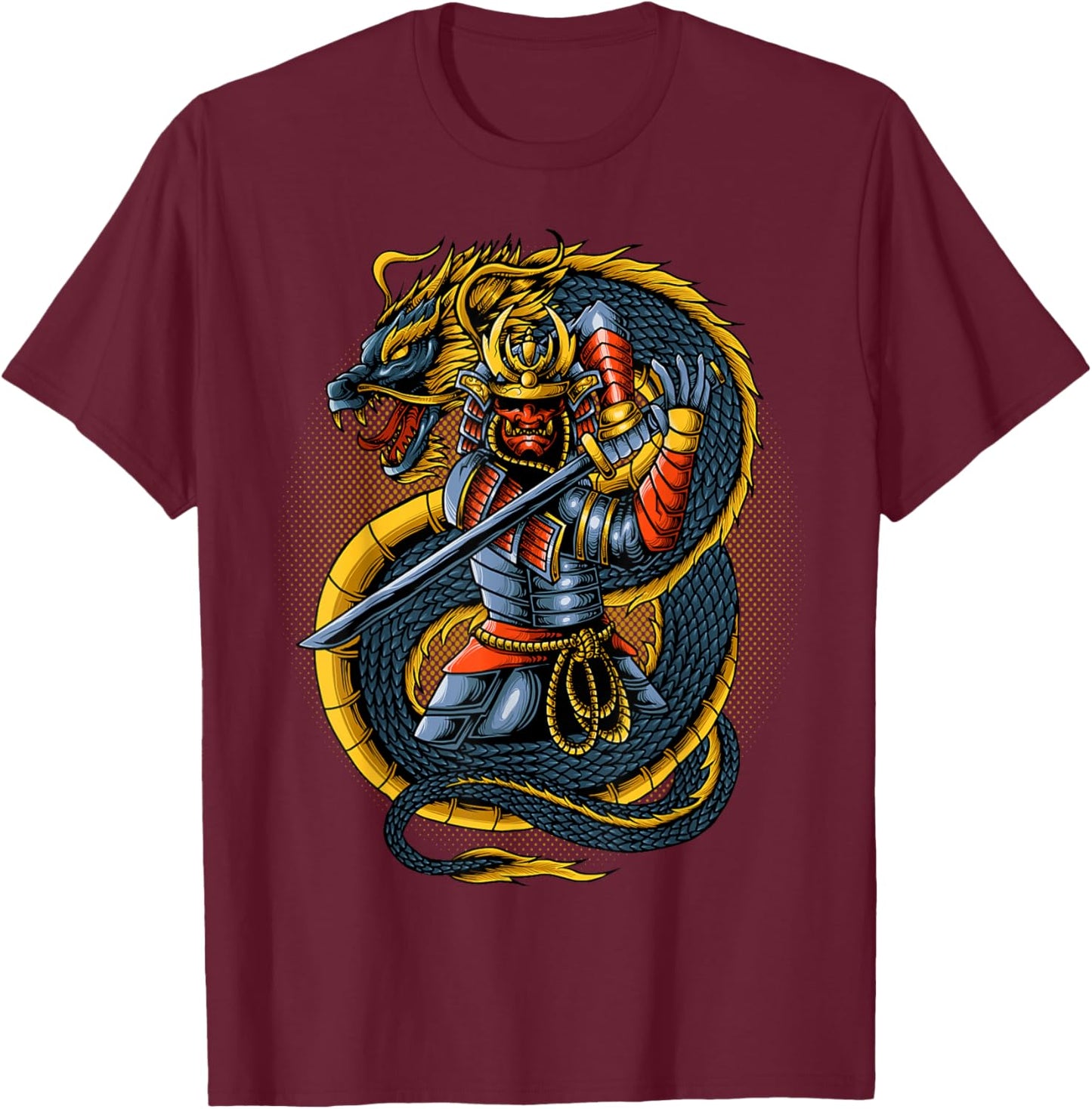 Japanese Oni Samurai Warrior With Dragon T-Shirt - T-Shirt | Maroon