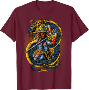 Japanese Oni Samurai Warrior With Dragon T-Shirt - T-Shirt | Maroon