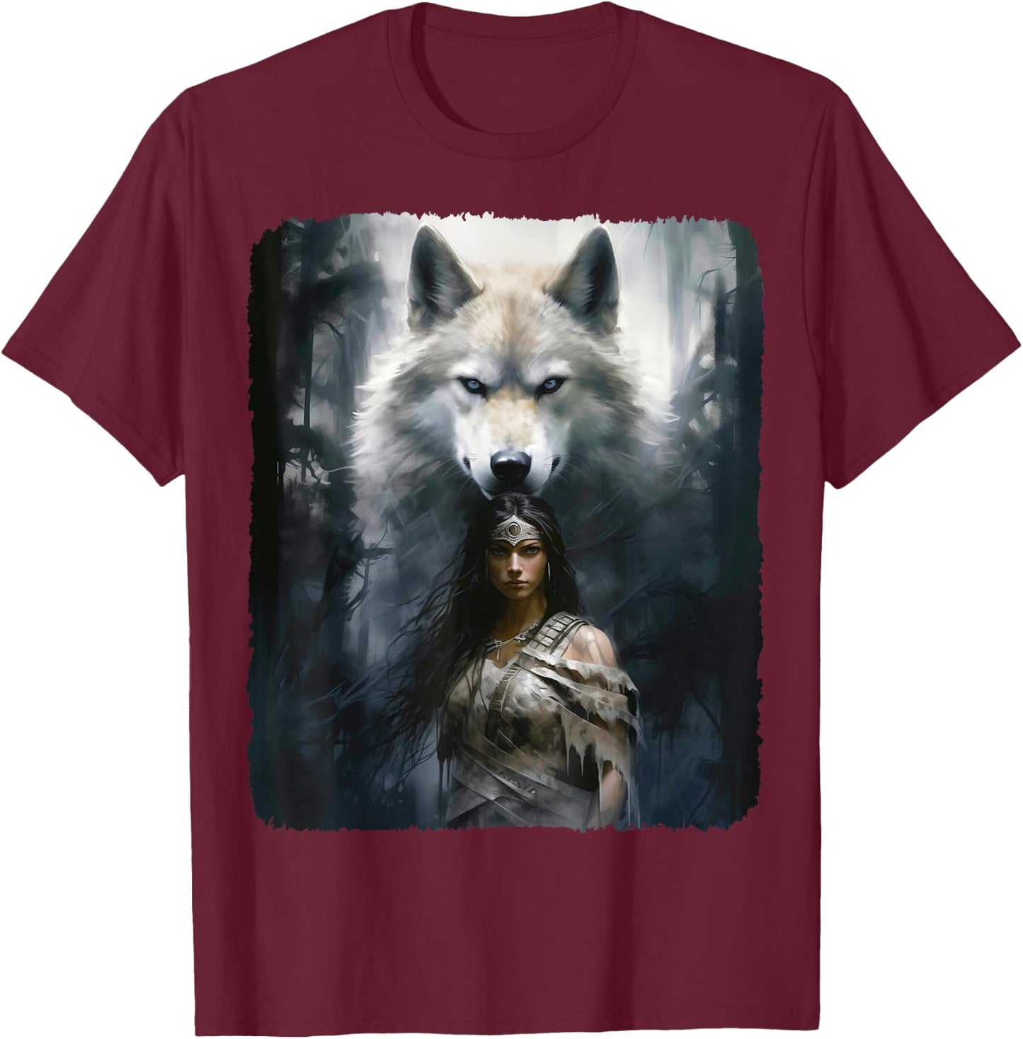 Warrior Woman with a White Wolf Fantasy T-Shirt - T-Shirt | Maroon