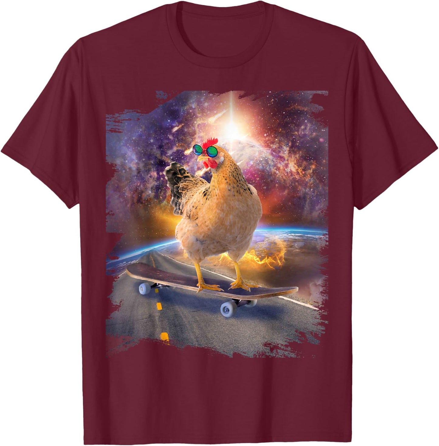 Chicken On Skateboard In Space T-Shirt - T-Shirt | Maroon