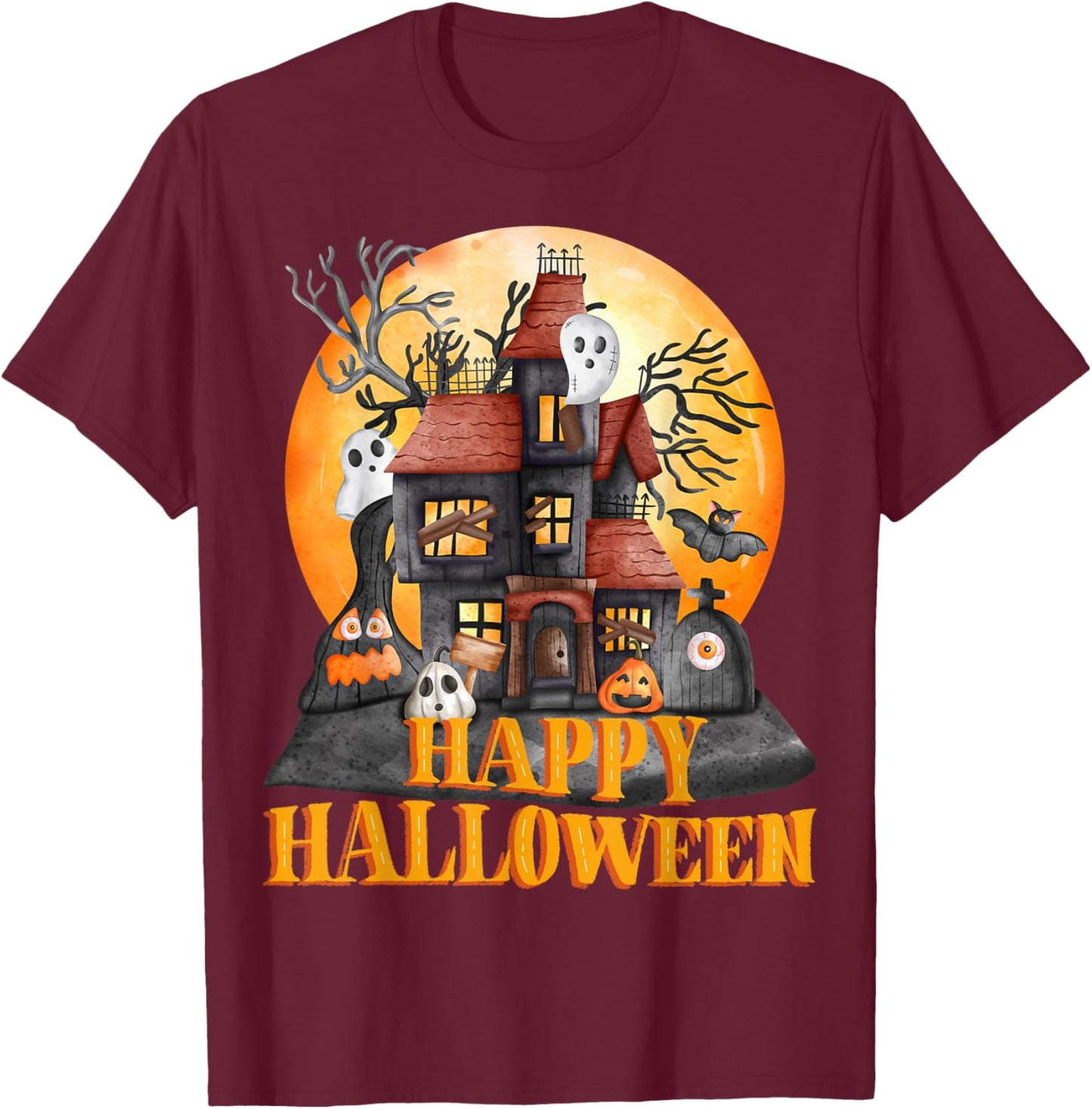 Fall season happy Halloween haunted houses spiders bats T-Shirt - T-Shirt | Maroon