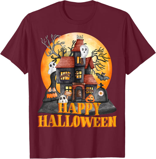 Fall season happy Halloween haunted houses spiders bats T-Shirt - T-Shirt | Maroon