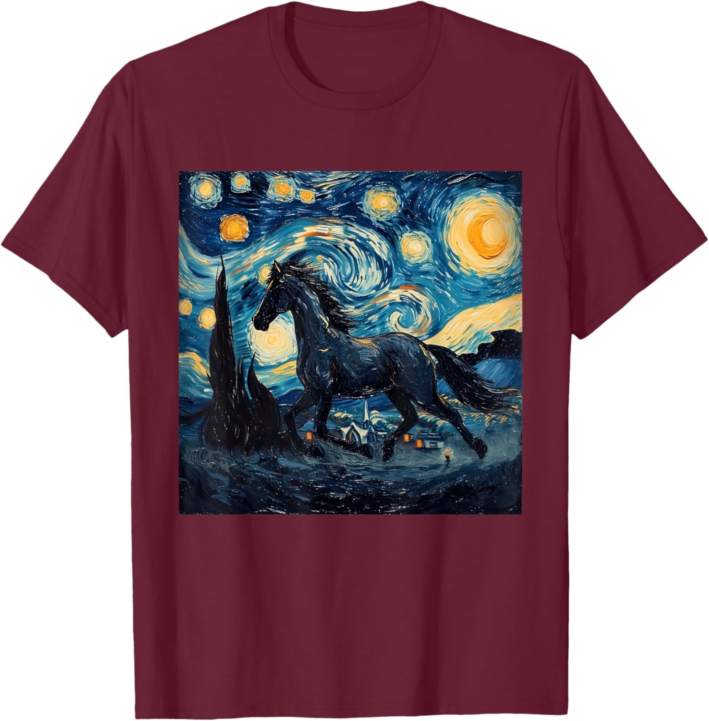 Horse Lover Van Gogh Style Starry Night Graphic T-Shirt - T-Shirt | Maroon