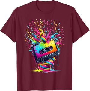 80s 90s Music Notes Cassette Tape Music T-Shirt - T-Shirt | Maroon