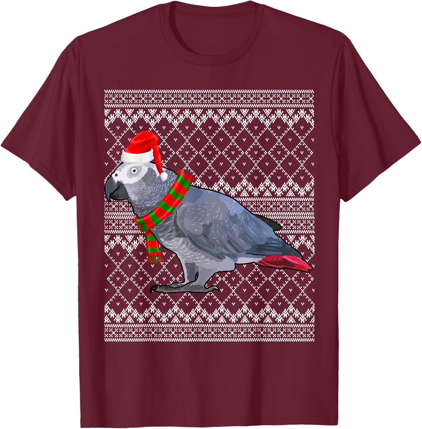 Xmas Bird Santa Hat African Grey Parrot Ugly Christmas T-Shirt - T-Shirt | Maroon