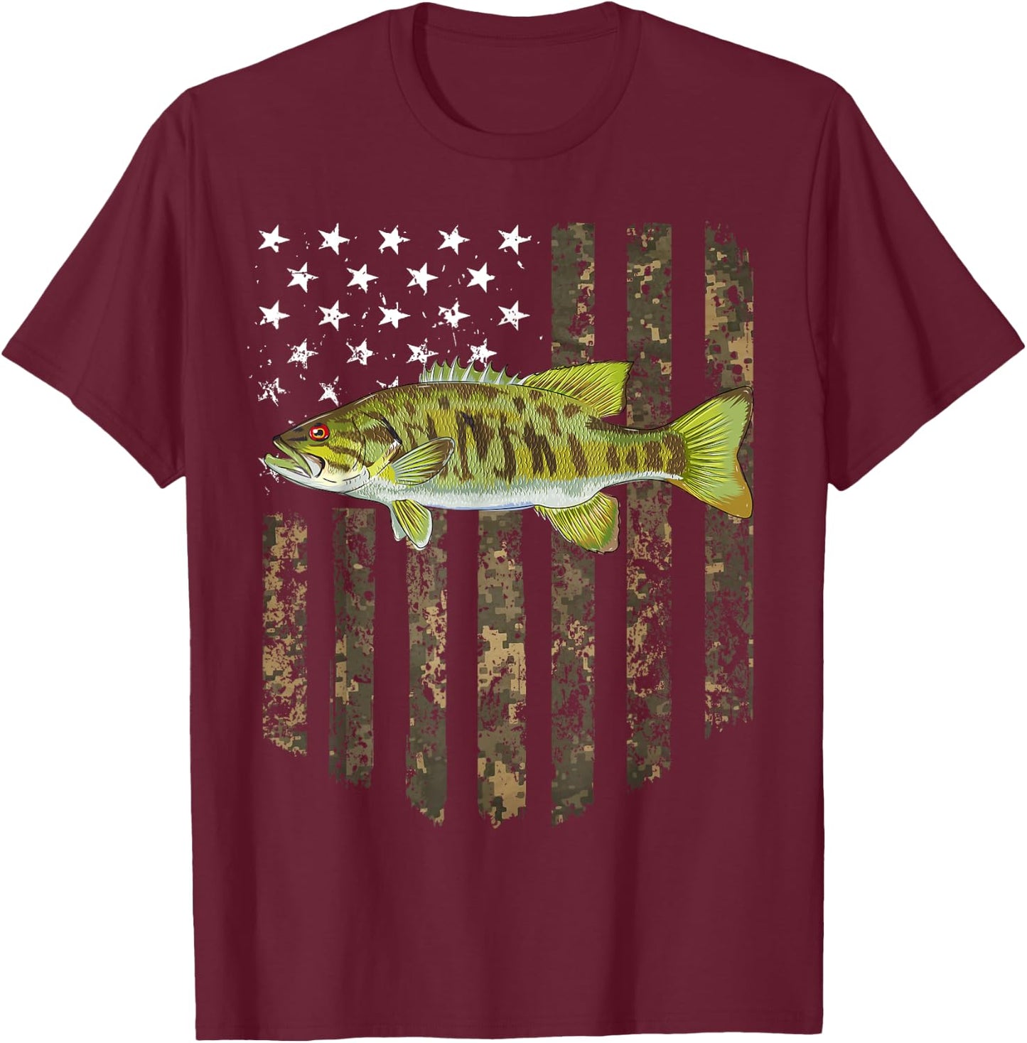 Camo American Flag Smallmouth Bass Fishing 4th Of July T-Shirt - T-Shirt | Maroon