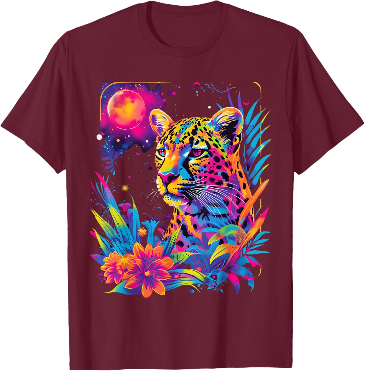 Jaguar Colorful Rainbow Vibrant Graphic T-Shirt - T-Shirt | Maroon