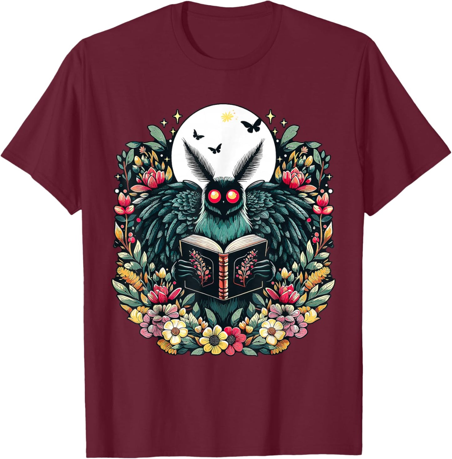 Cottagecore Aesthetic Mothman Book Lover Camping T-Shirt - T-Shirt | Maroon