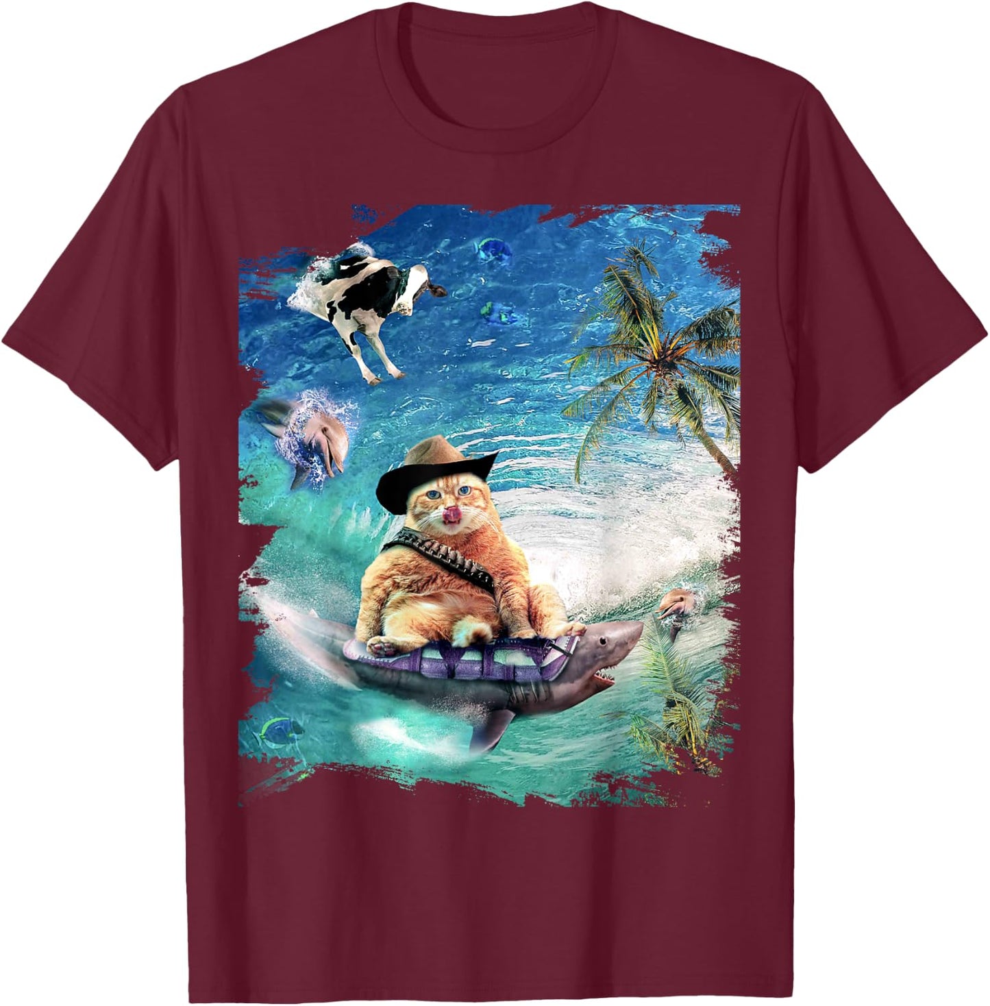 Surfing Cat Cowboy Riding Shark T-Shirt - T-Shirt | Maroon