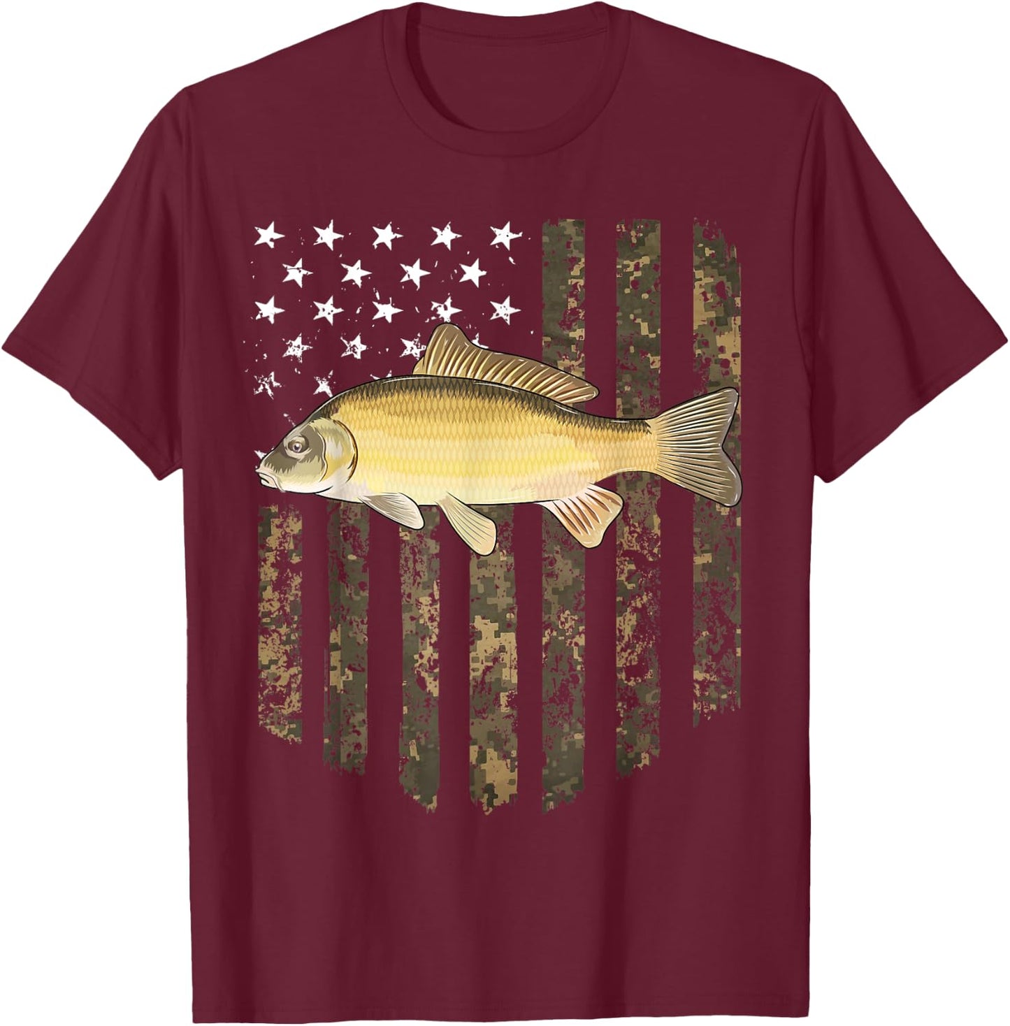 Camo American Flag Common Carp Fishing 4th Of July Women Men T-Shirt - T-Shirt | Maroon