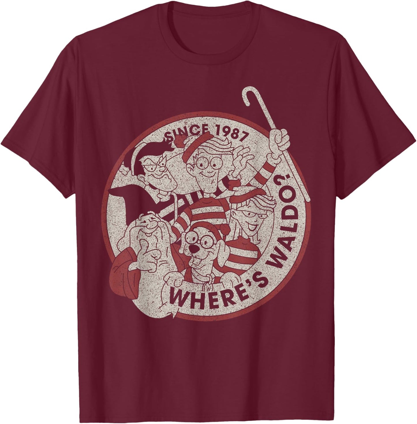 Where's Waldo Vintage 1987 Main Cast Circle Logo T-Shirt - T-Shirt | Maroon