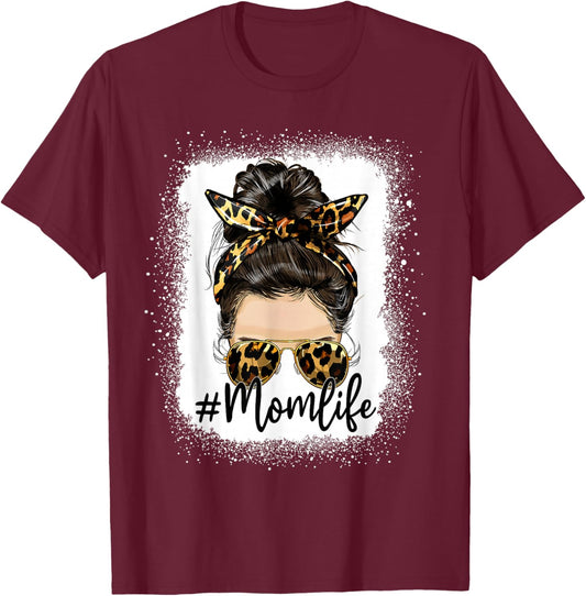Mom Life Women Messy Bun Leopard Mother's Day T-Shirt - T-Shirt | Maroon