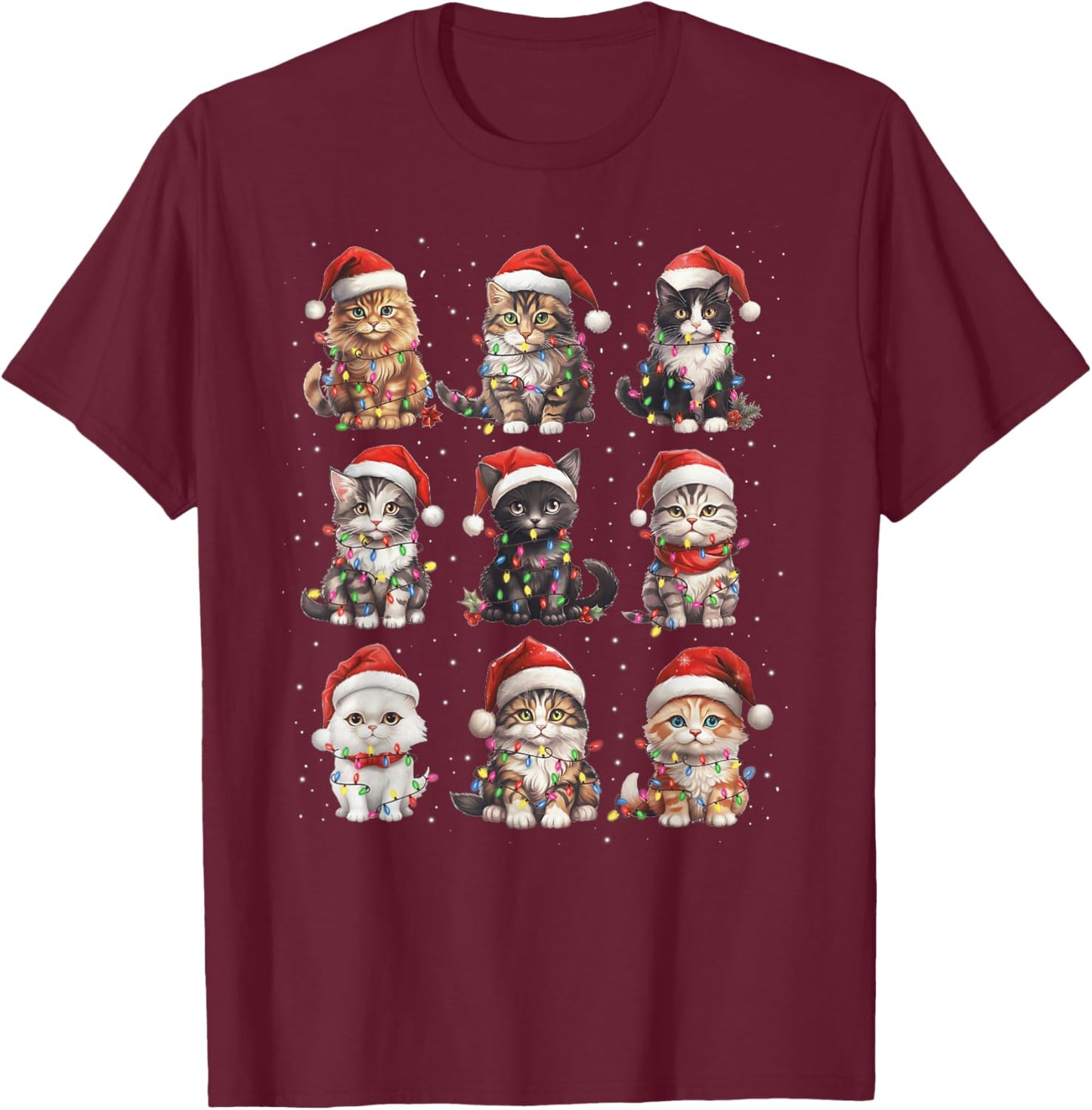 Santa Cats Tangled Up in Christmas Tree Lights Funny Cat Pet T-Shirt - T-Shirt | Maroon