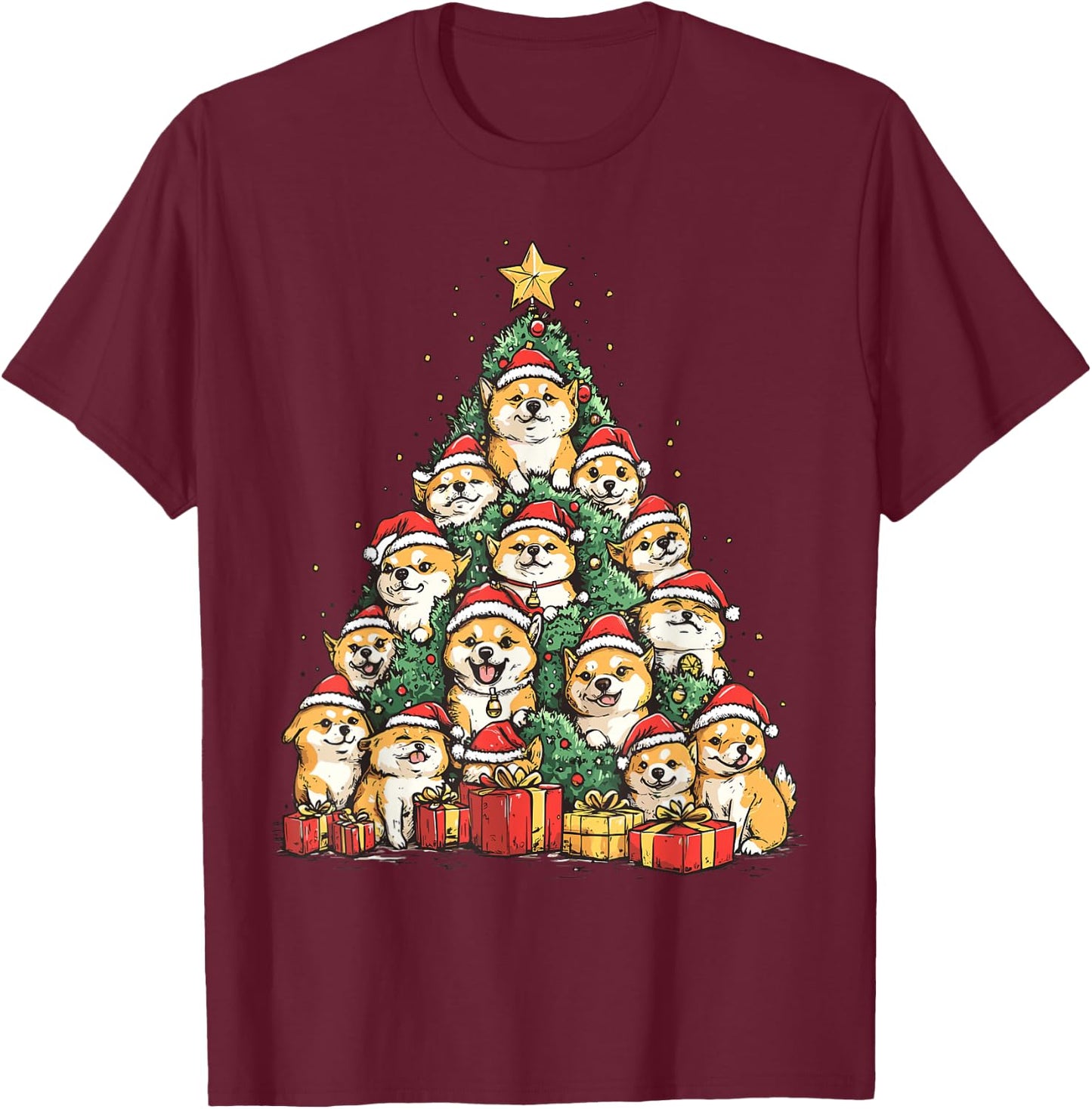 Shiba Inu Santa Christmas Tree Funny Xmas Dog Lover Pajama T-Shirt - T-Shirt | Maroon