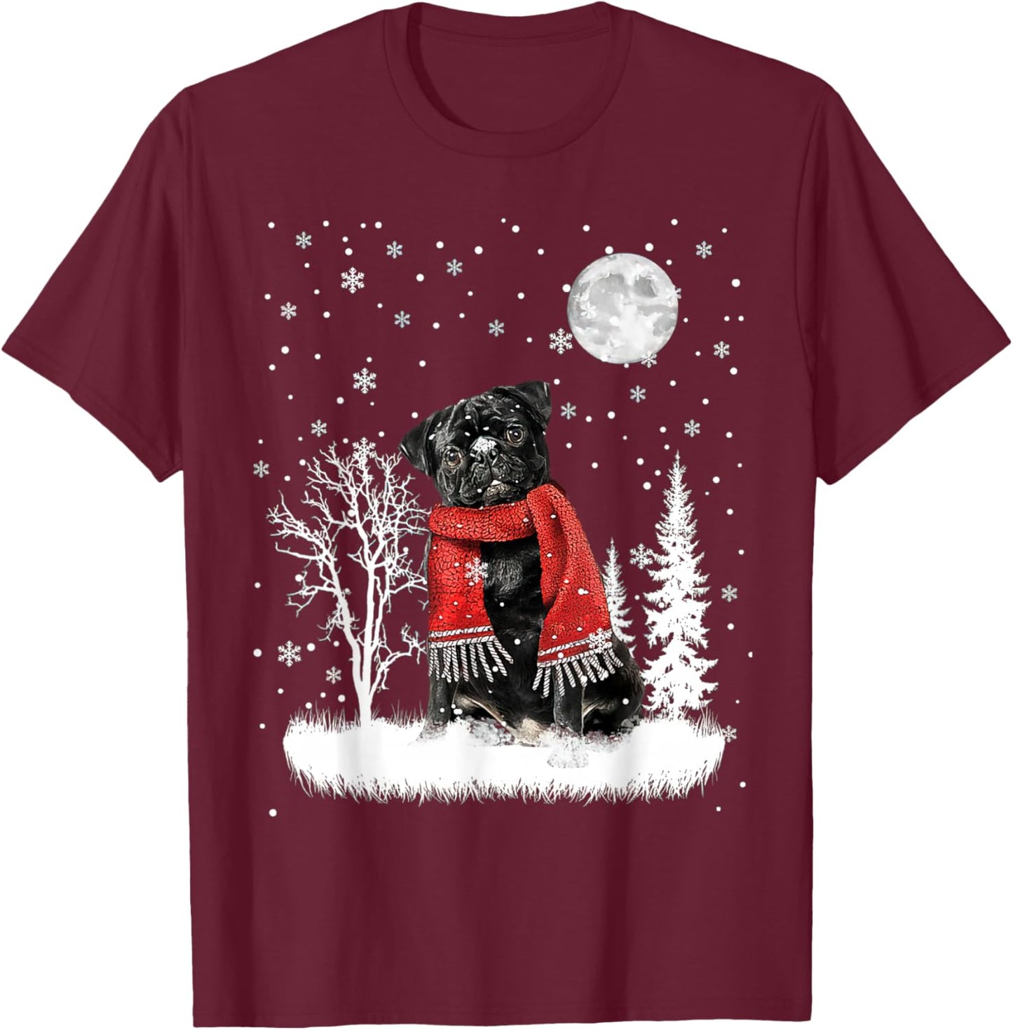 Pug Under Moonlight Snow Christmas Pajama T-Shirt - T-Shirt | Maroon