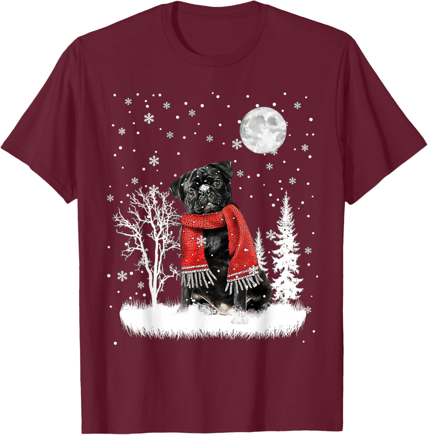 Pug Under Moonlight Snow Christmas Pajama T-Shirt - T-Shirt | Maroon