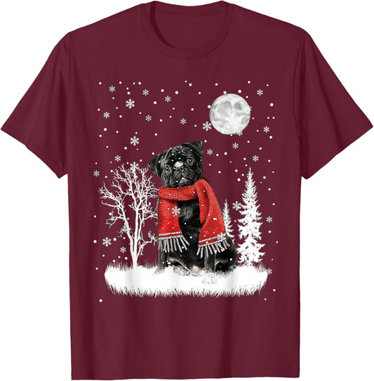 Pug Under Moonlight Snow Christmas Pajama T-Shirt - T-Shirt | Maroon