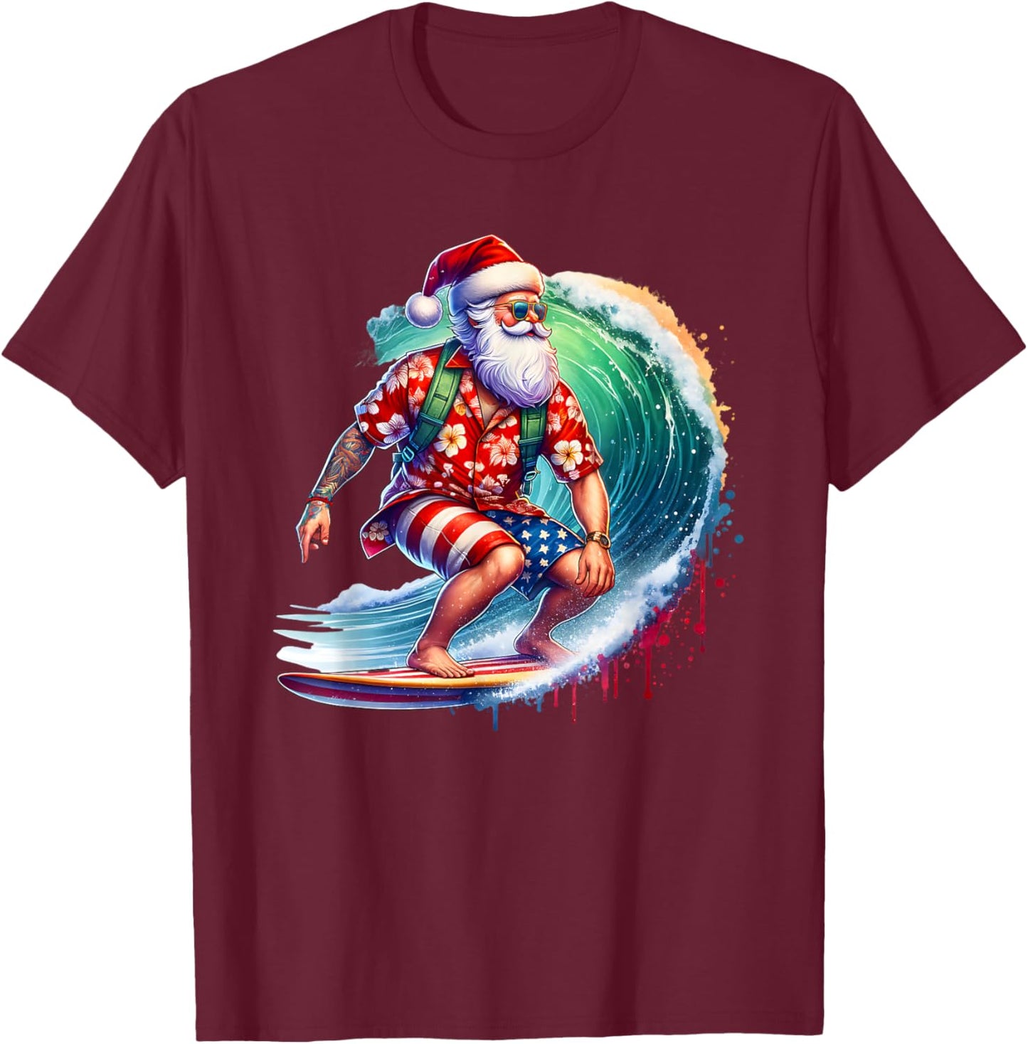 Surfing Santa Claus Christmas in July Beach Summer Vacation Men Women Kids T-Shirt - T-Shirt | Maroon