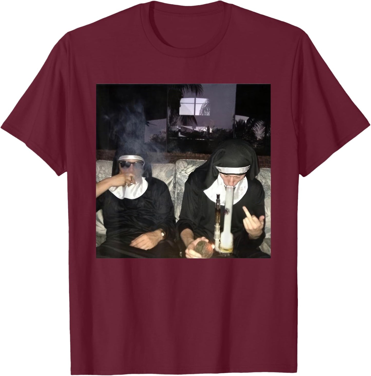 Vintage Nuns Smoking Cigarette Bong Funny Drug Nun T-Shirt - T-Shirt | Maroon