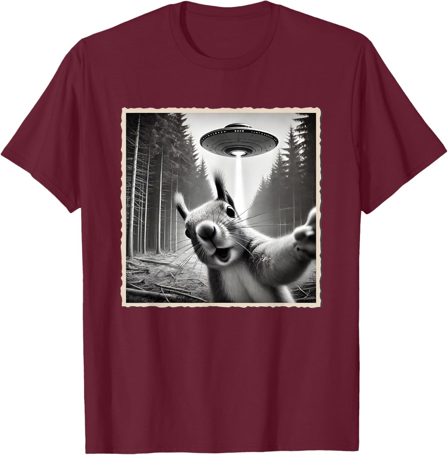 Squirrel Selfie With UFO | Funny Squirrel T-Shirt - T-Shirt | Maroon