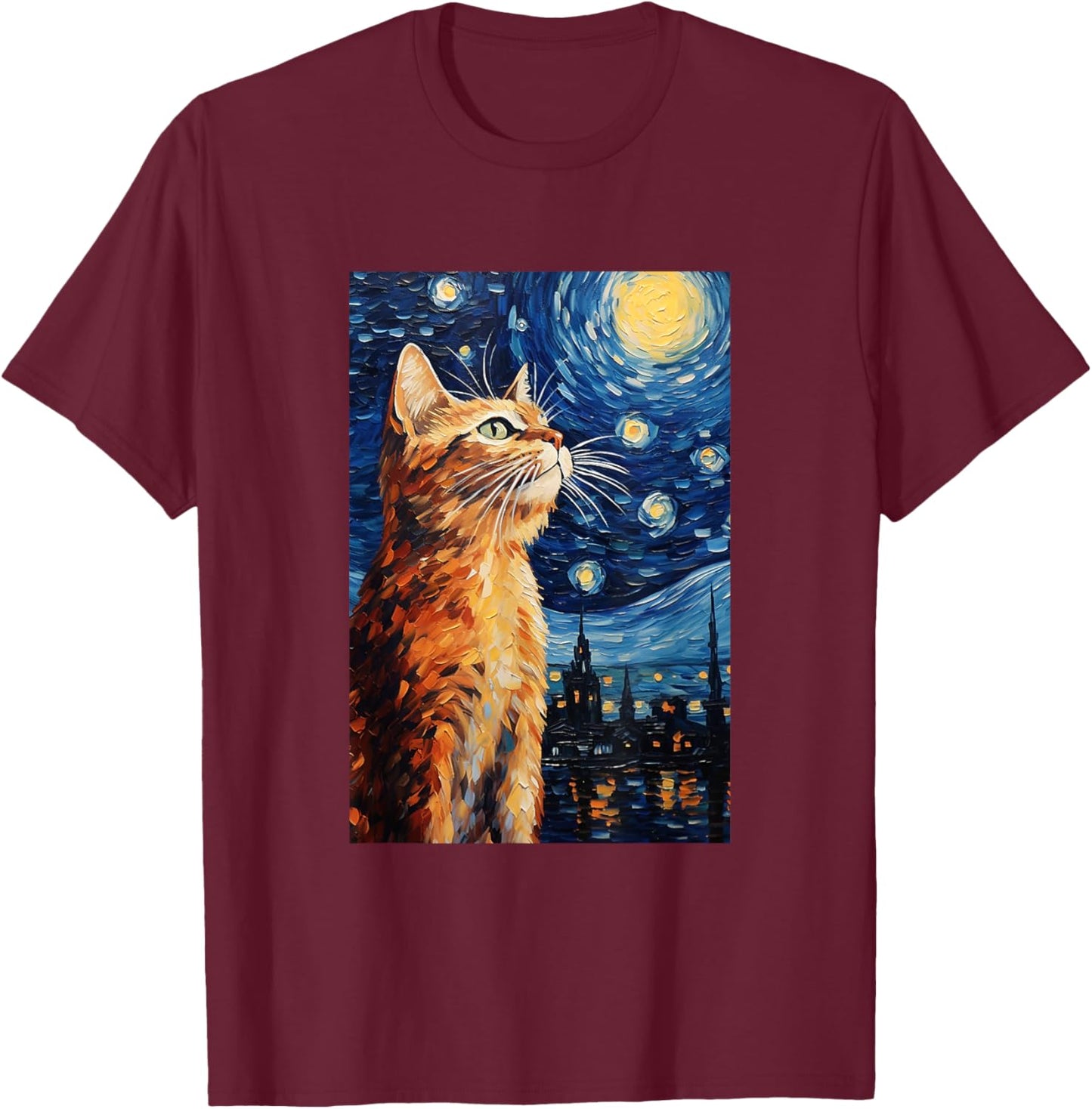 Cute Cat - Van Gogh Style - Starry Night Women Girls Kids T-Shirt - T-Shirt | Maroon