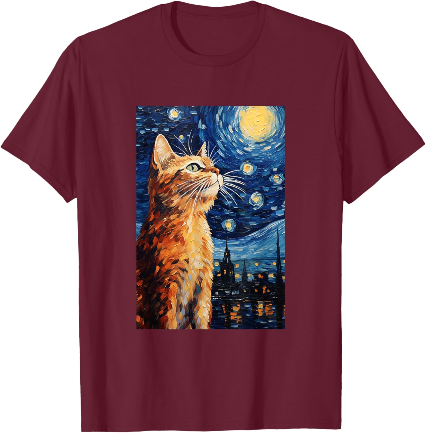 Cute Cat - Van Gogh Style - Starry Night Women Girls Kids T-Shirt - T-Shirt | Maroon