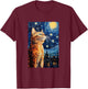 Cute Cat - Van Gogh Style - Starry Night Women Girls Kids T-Shirt - T-Shirt | Maroon