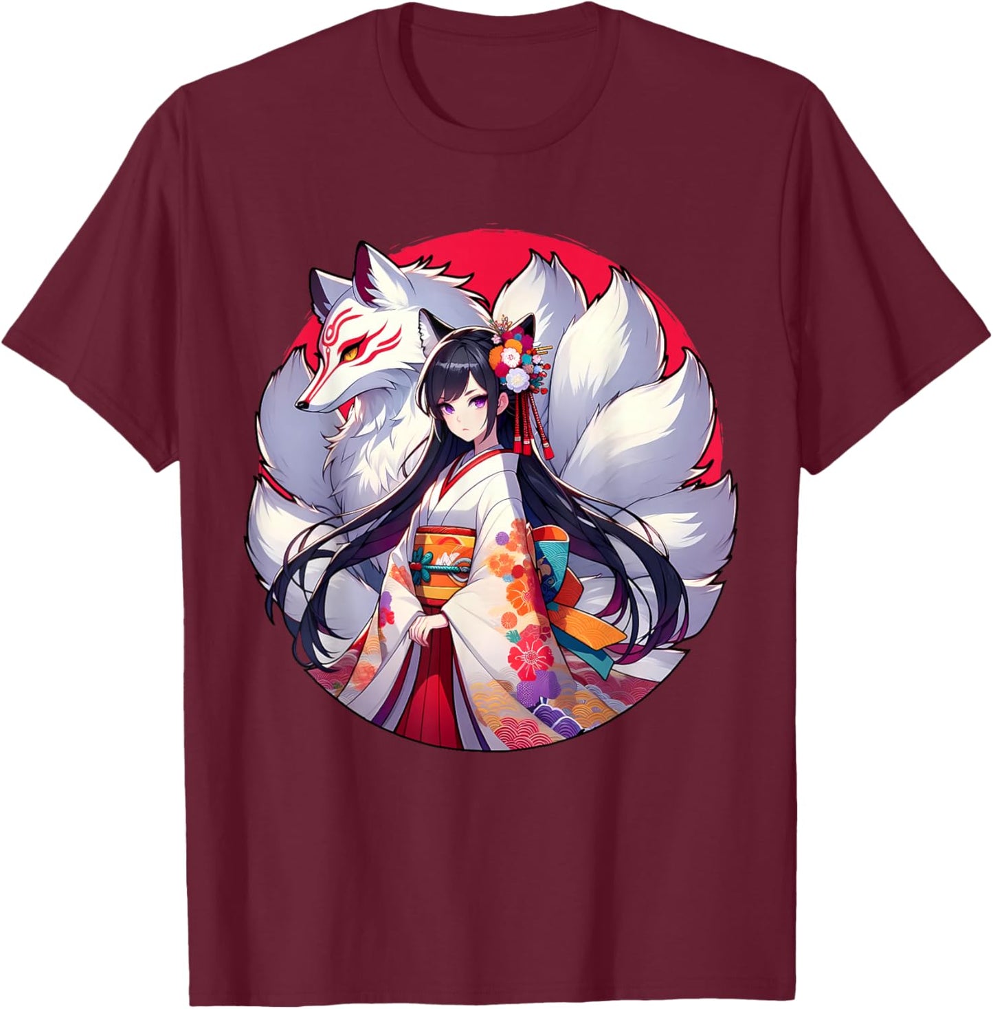 Japanese Anime Girl With Kitsune Nine Tailed Fox T-Shirt - T-Shirt | Maroon